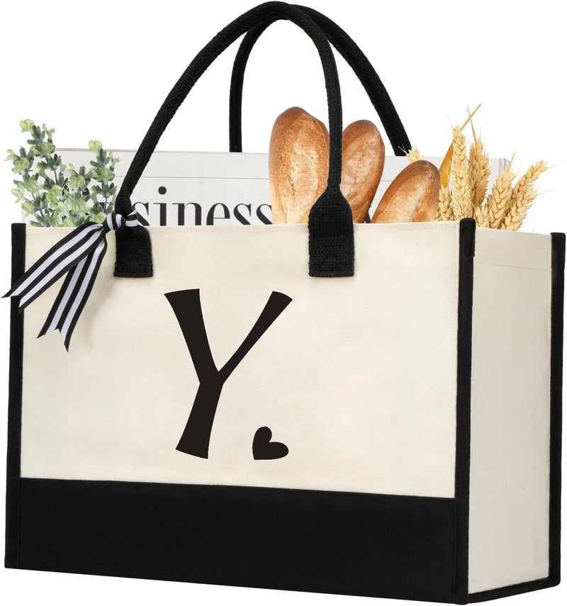 shenee Initial Canvas Tote Bag, Personalized Beach Jute Bag Present for Women Holiday,Friends Birthday Gift,Wedding, New Year - Image 1